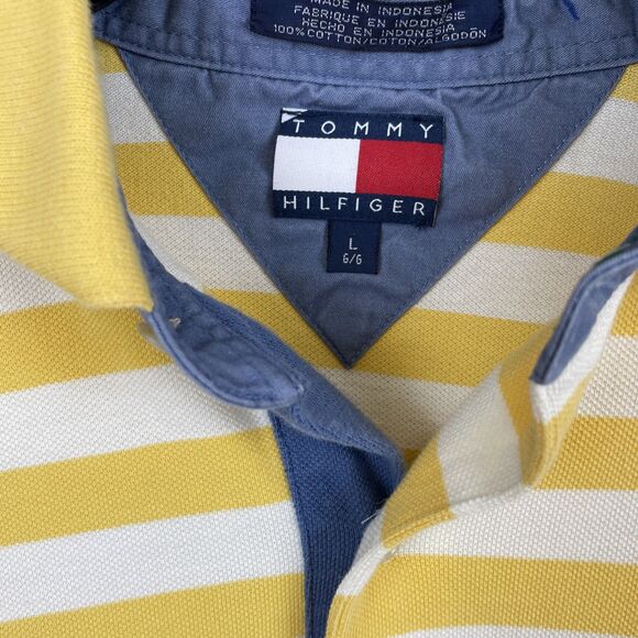 VTG Tommy Hilfiger Mens Long Sleeve Polo Shirt L Yellow Stripe Crest 1/4 Button - Picture 6 of 9